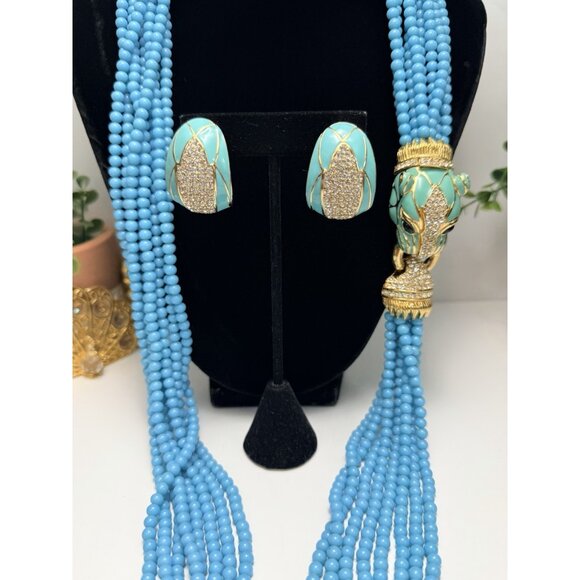 Ciner Luxury Feline Head Turquoise Beaded Necklace Earrings Set Vtg Stunning - Picture 2 of 16